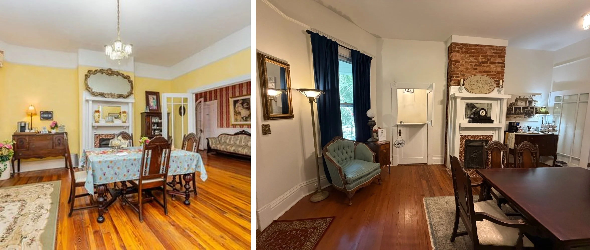 Historic interiors of The Veranda Historic Inn in Senoia, GA, showcasing antique furnishings, fireplaces and original architectural character.
