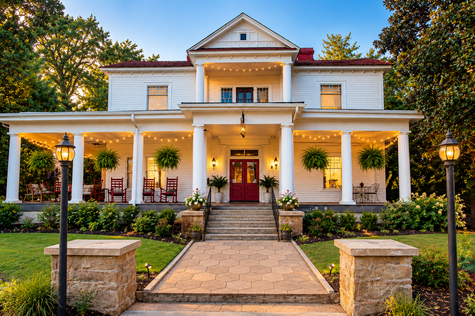 The Veranda Historic Inn in Senoia, Georgia, a historic 1906 boutique hotel with its signature front porch and gardens.