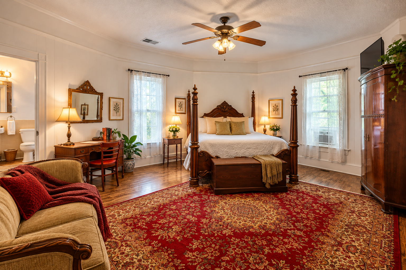 Room #10. The Executive Suite historic guest room at The Veranda Historic Inn in Senoia, GA, featuring a four-poster bed and sitting area.