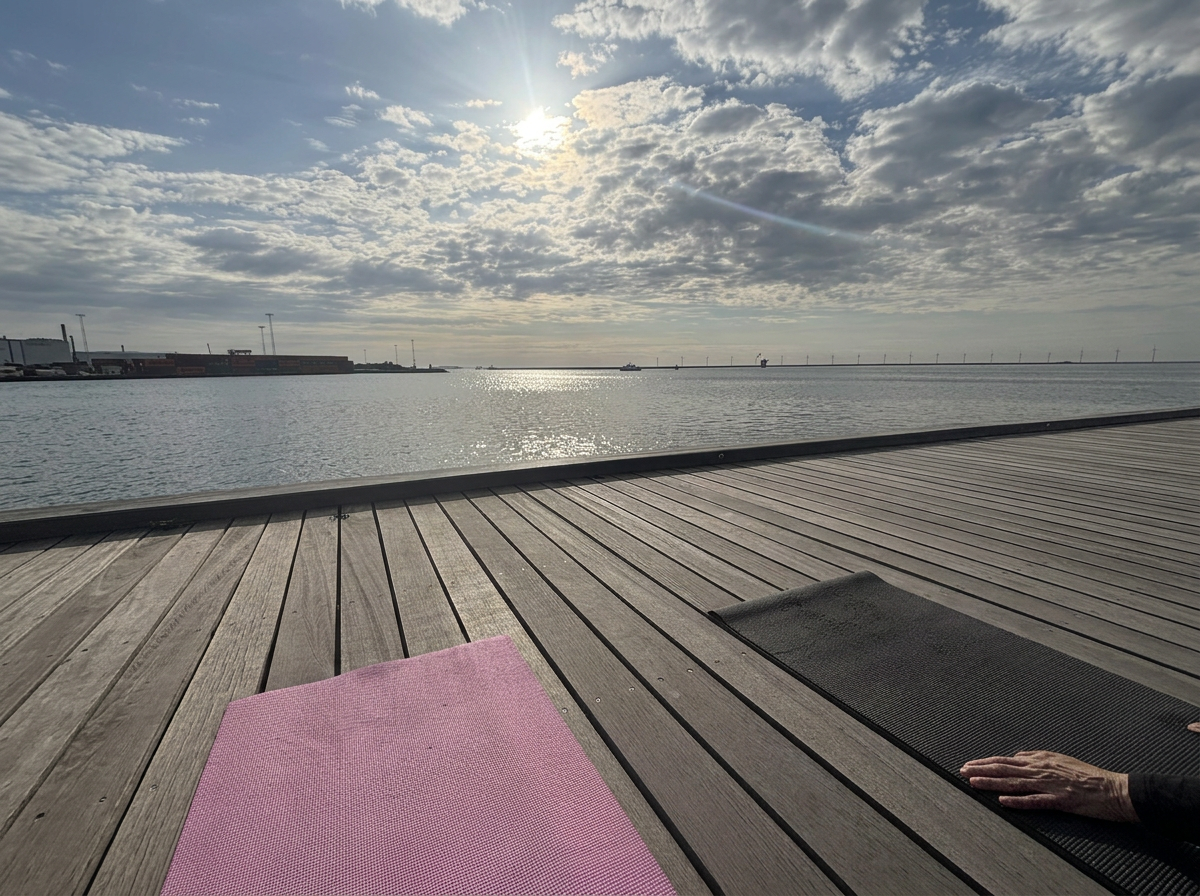 Udsigt over havet med sol og skyer, en promenade med træplanker, og en yogamåtte på terrassen med en persons hånd.