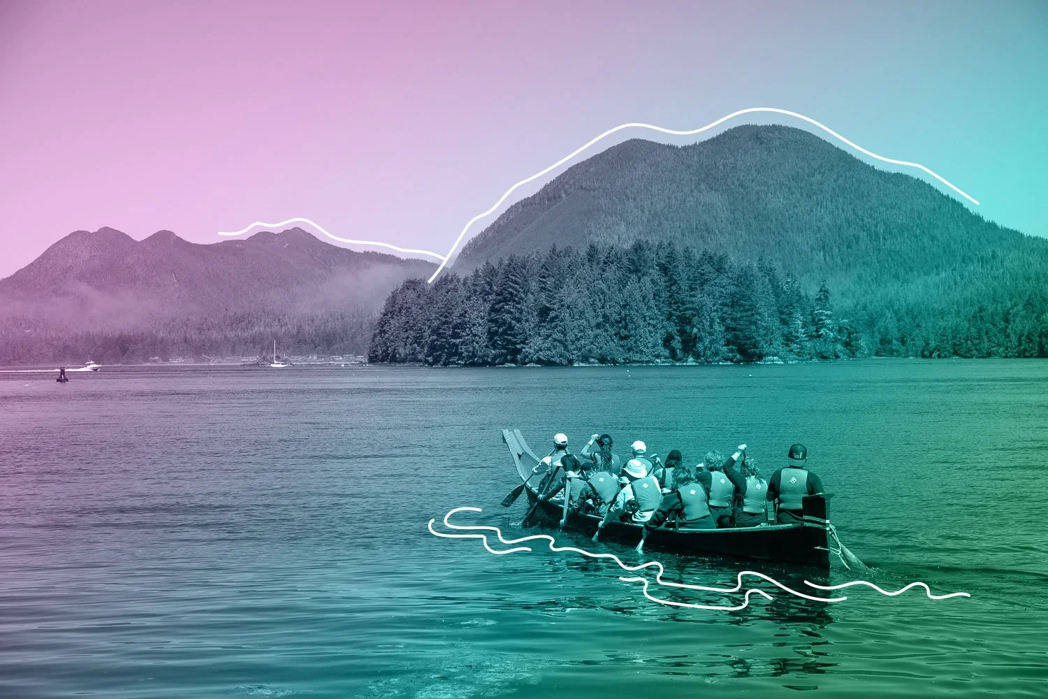 Group of people in a boat paddleboarding on a lake surrounded by forested mountains with a pastel-colored sky.