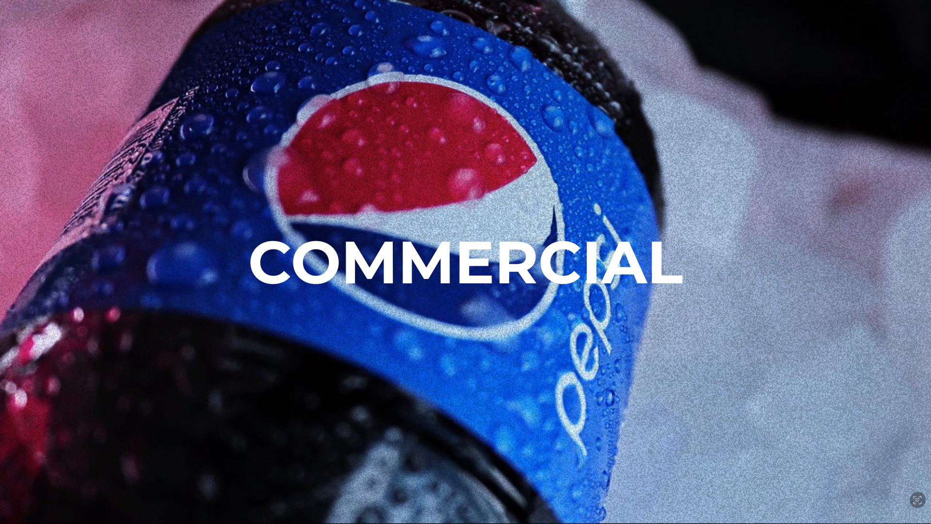Close-up of a Coca-Cola bottle with water droplets, featuring the Pepsi logo on a label and the word 'COMMERCIAL' overlaid.
