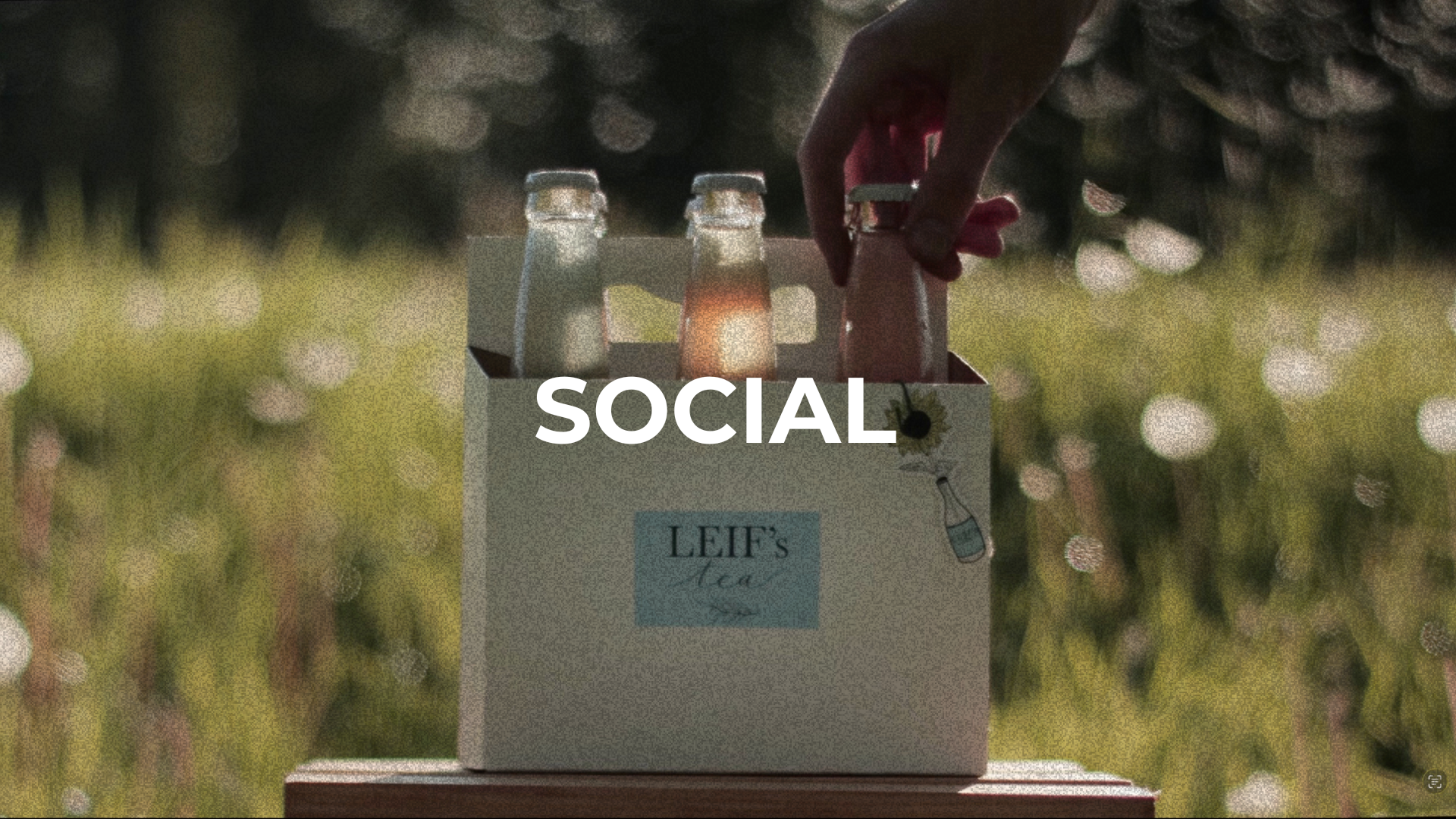 Hand reaching to grab a soda can from a six-pack carrier labeled 'SOCIAL' with a background of trees and sunlight.