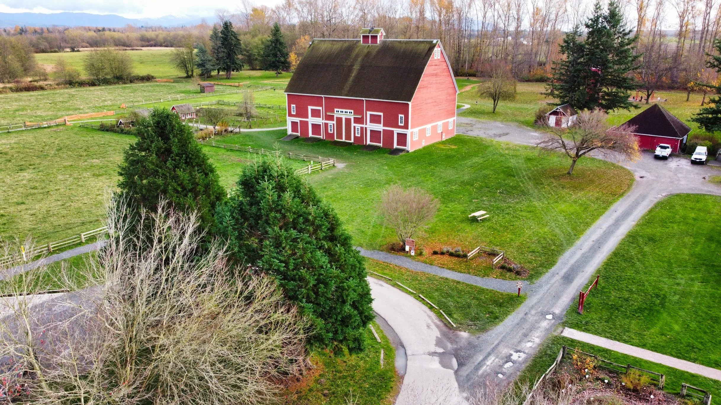 A red barn on a farm with surrounding trees, parked cars, and gravel pathways.