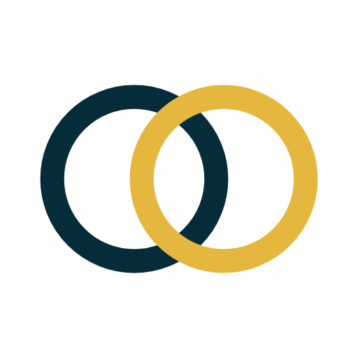 Two interlocking rings, one black and one gold, on a black background.