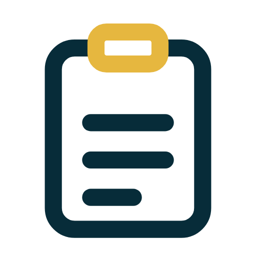 Icon of a clipboard with a yellow clip at the top and three horizontal lines representing text.
