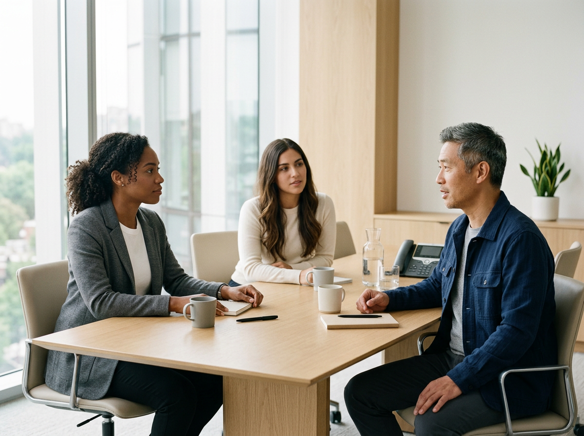 Three people having a serious discussion in a meeting room with large windows and a potted plant in the background.