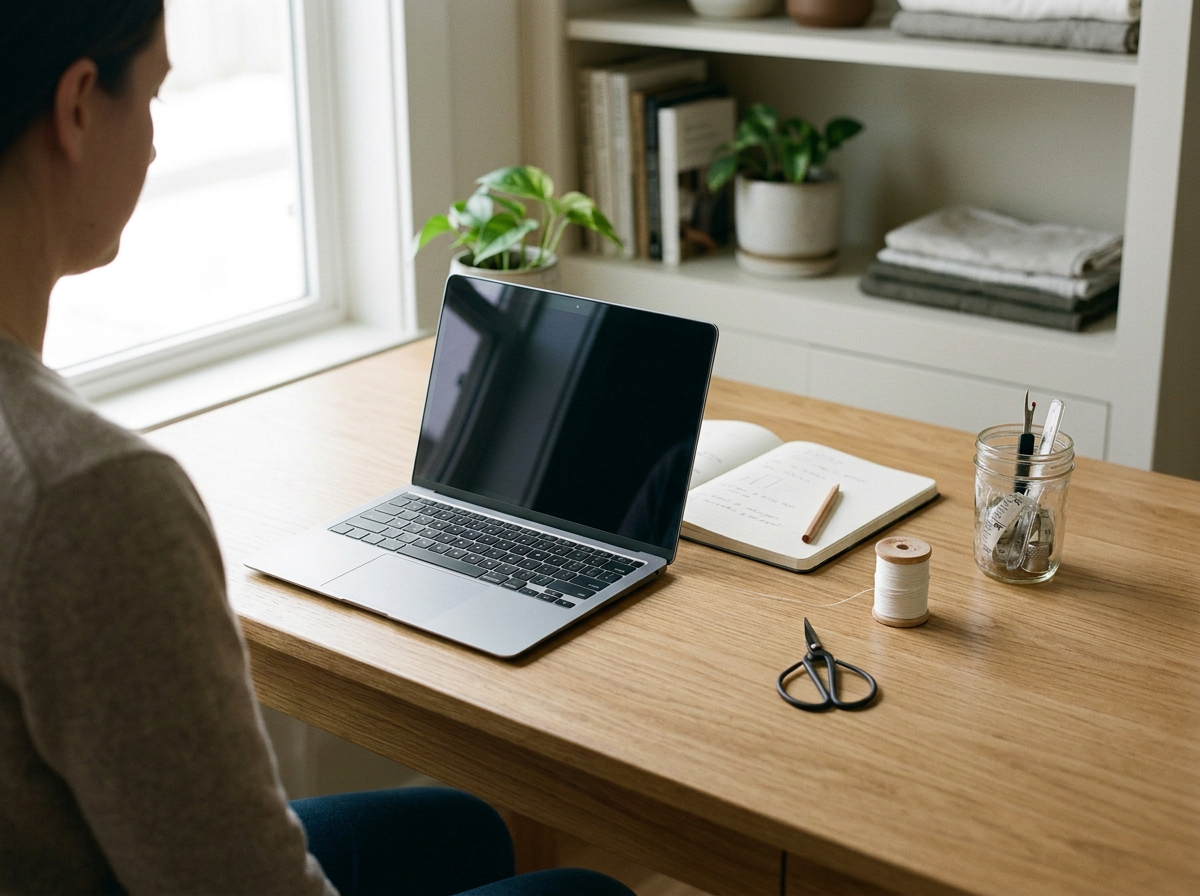 A woman sits at a wooden desk with a laptop, open notebook, pencil, scissors, sewing thread, and a jar with sewing tools, near a window with books and houseplants in the background.