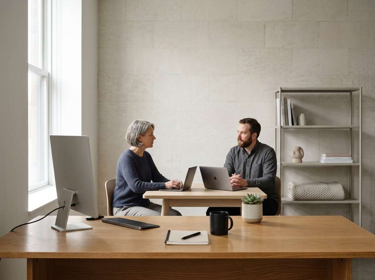 An older woman and a younger man sit across from each other at a small table engaged in conversation, with laptops in front of them, in a modern, well-lit office space.