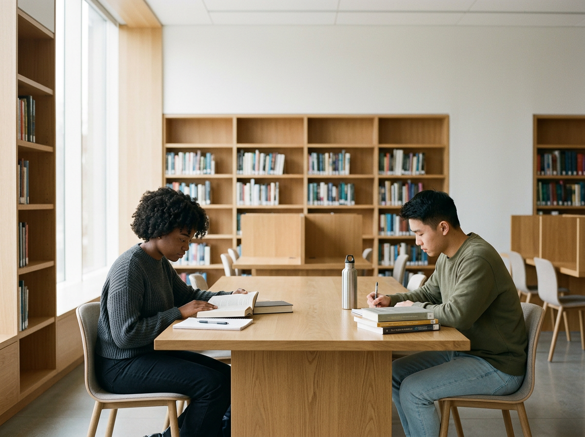 Two students sitting at a wooden table in a library, studying and reading books.