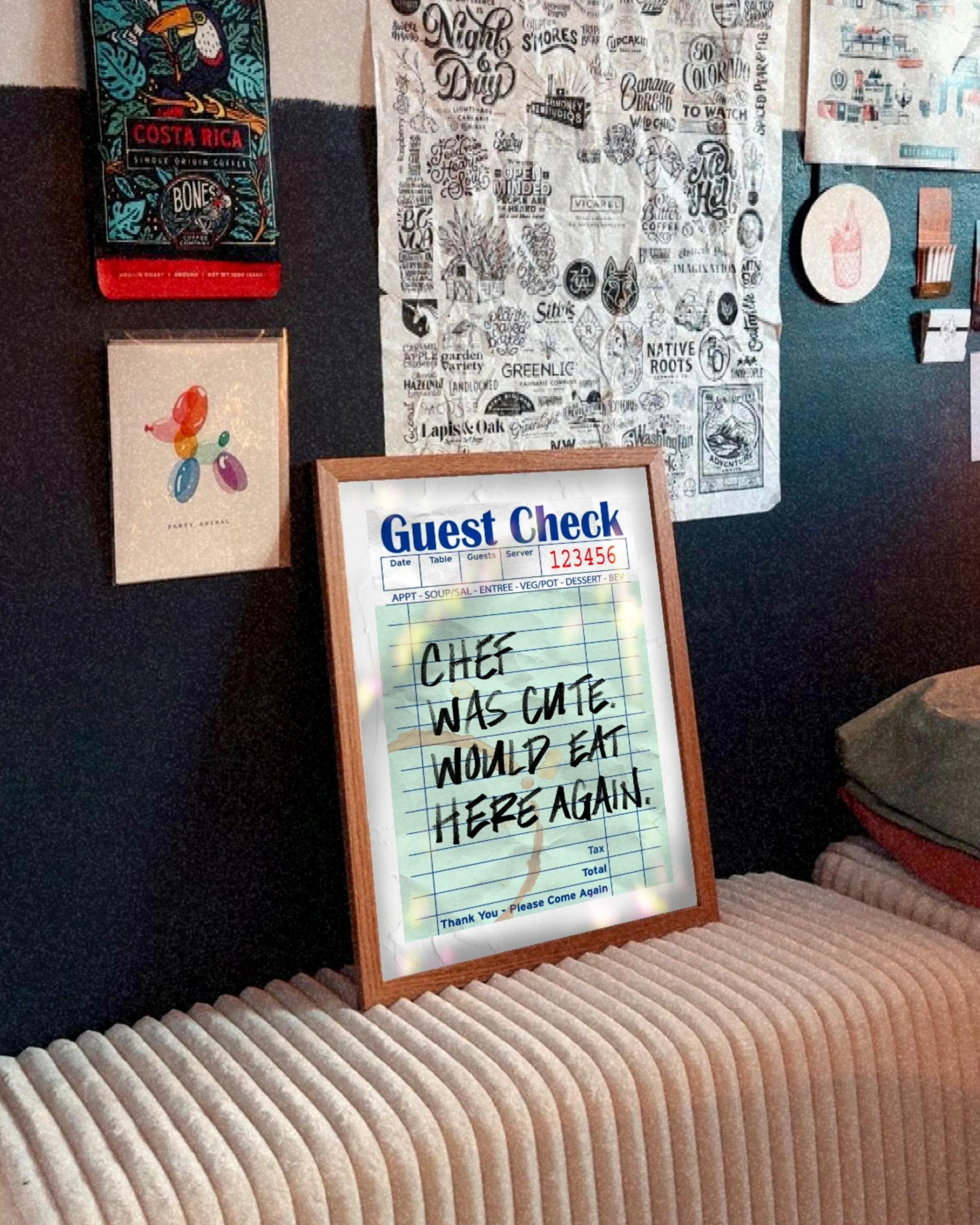 Chef Was Cute, Would Eat Here Again Guest Check Poster, Handwritten Aesthetic Print Poster, Motivational Wall Art, Retro Kitchen Decor