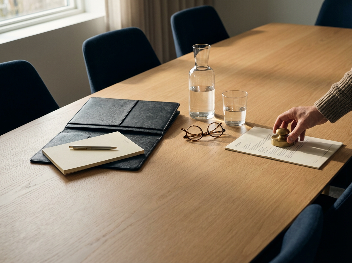 Professional meeting table with financial documents, notebook, and business materials