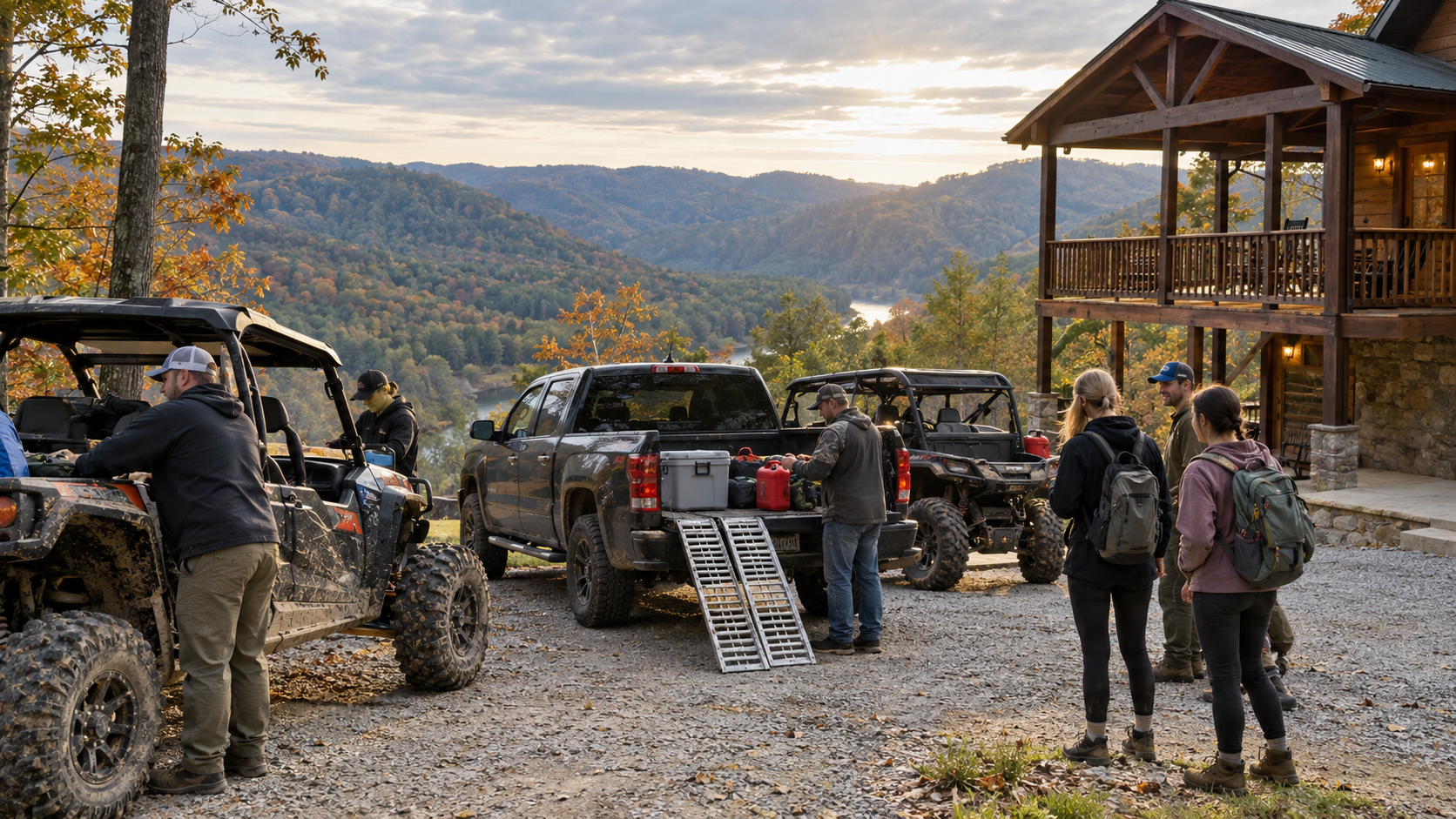 Off-road travelers with side-by-sides and trucks at a Southern West Virginia rental property