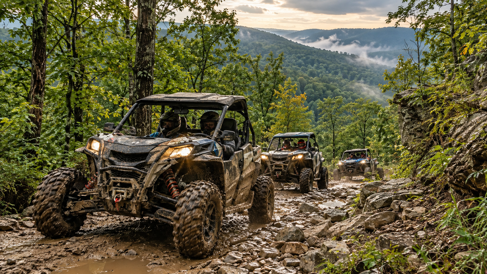 Group of UTV riders traveling a mountain trail in Southern West Virginia