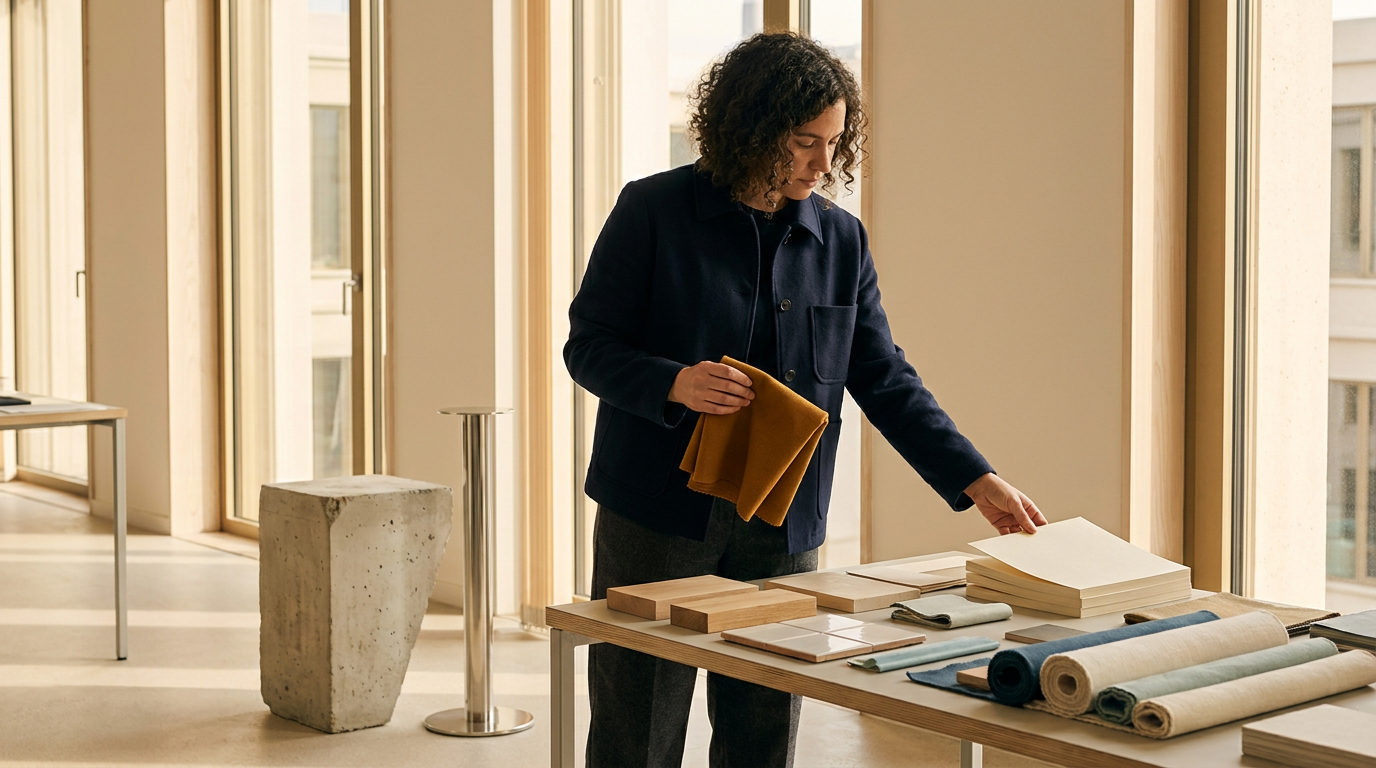 A woman with curly hair in a dark jacket organizes fabric samples, notebooks, and swatches on a wooden table in a well-lit room with large windows.