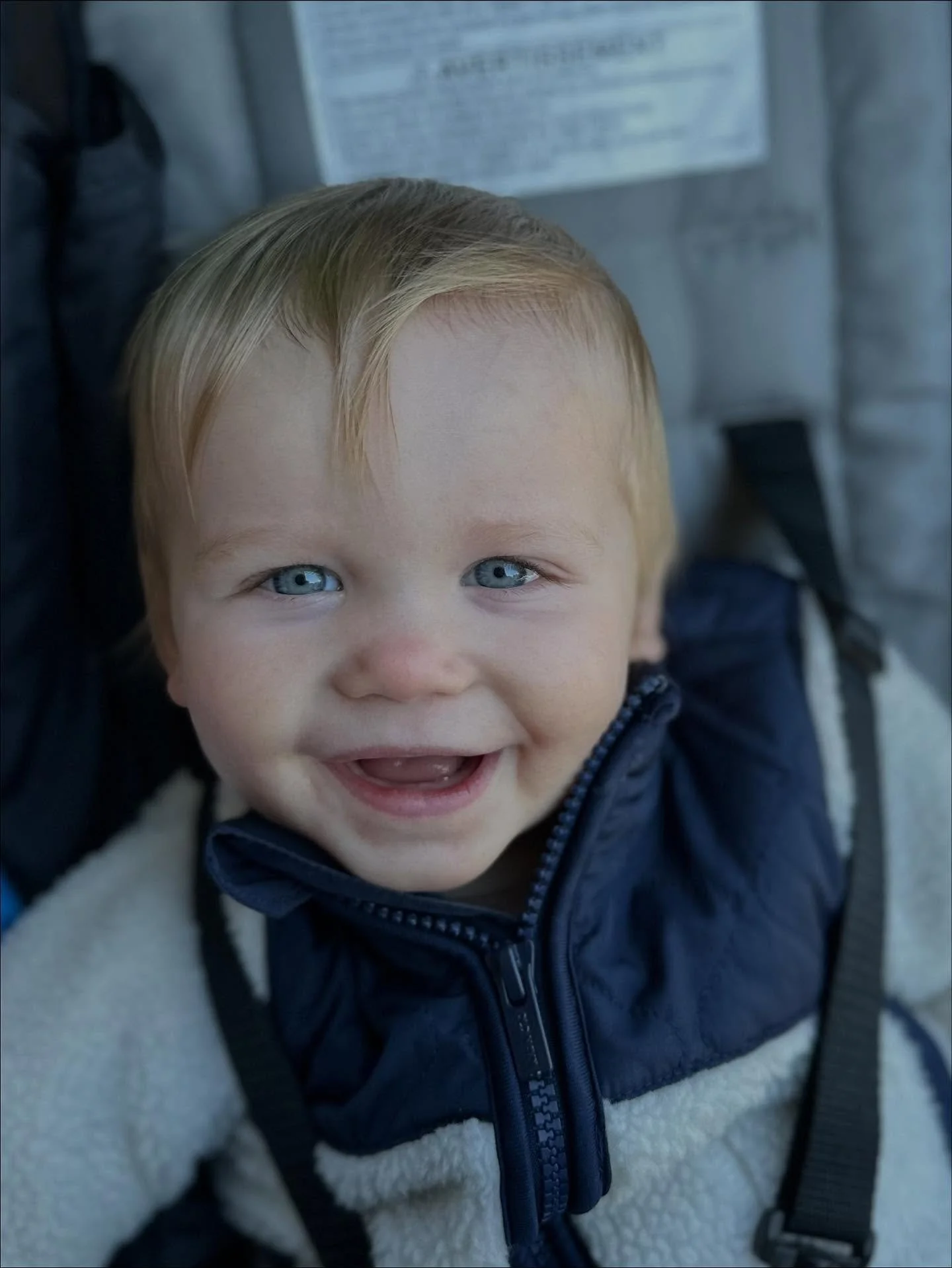 Close-up of a smiling young boy with blue eyes and blonde hair, wearing a navy blue jacket with a zipper and a cream-colored fleece, sitting in a stroller.