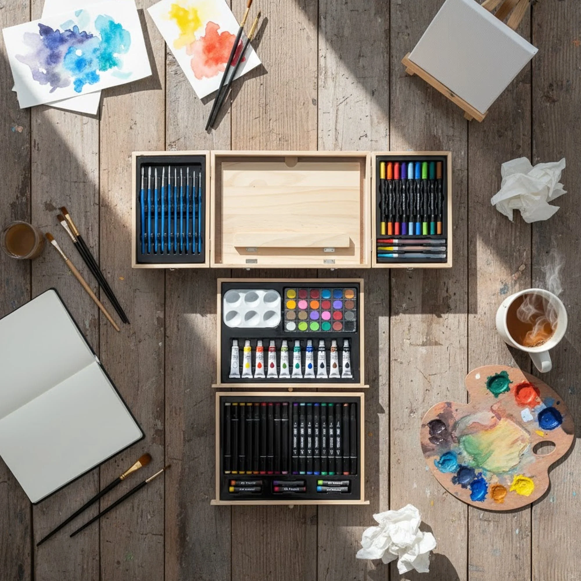 Artist Concepts wooden easel art set with paints, markers and brushes on a wooden table