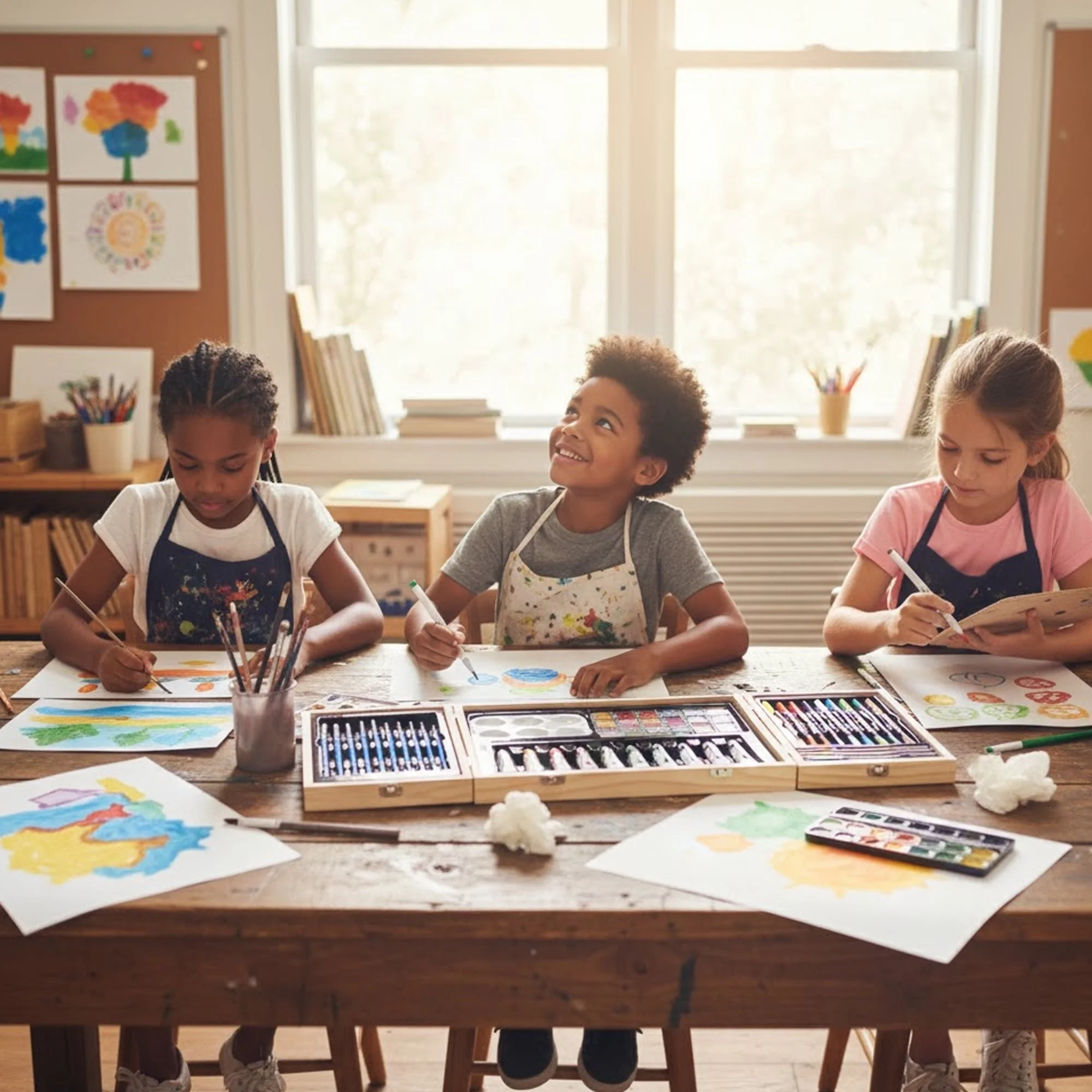 Children painting at a table with an Artist Concepts wooden art set