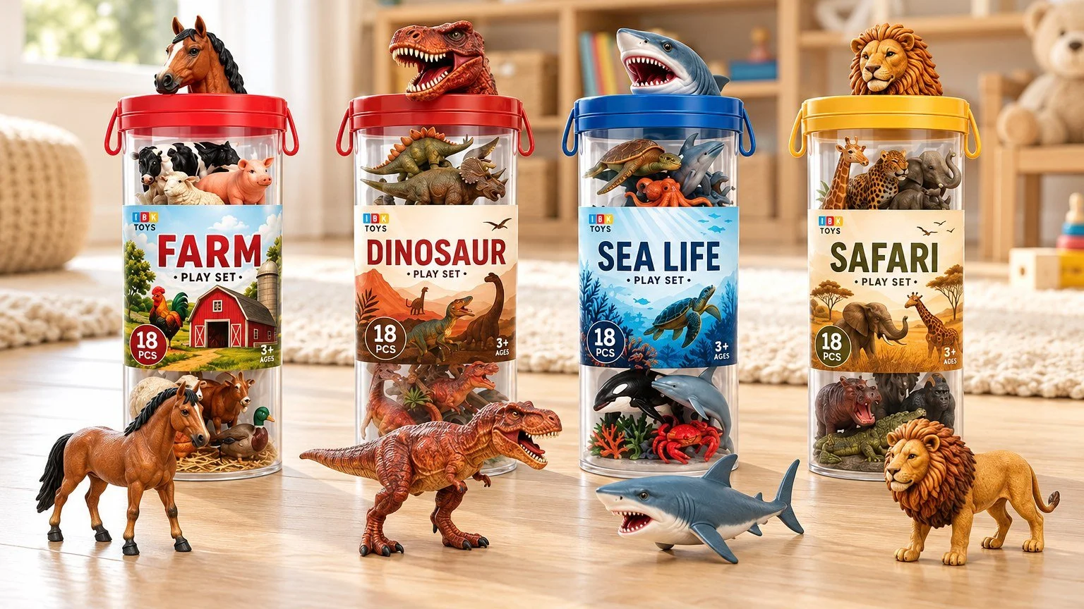 IBK Toys animal figure play sets in a playroom