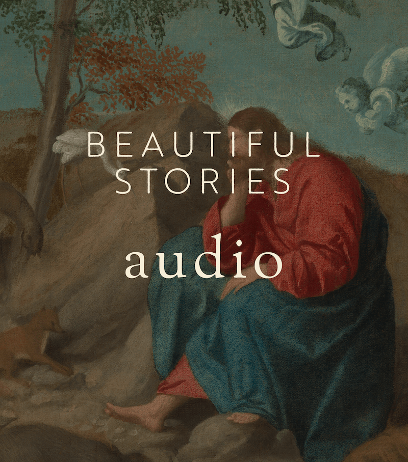 Illustration of a woman in a red and blue dress sitting outdoors with a contemplative pose, surrounded by trees and clouds, overlaid with the text 'Beautiful Stories Audio'.