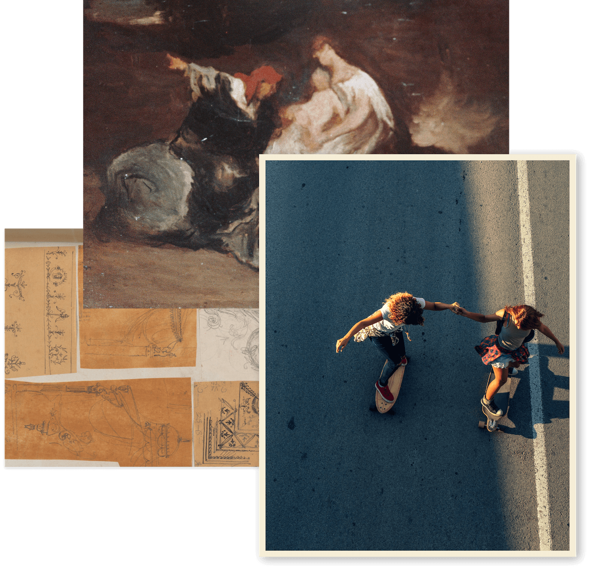 An overhead view of two young girls skateboarding and holding hands on a paved street during the daytime.