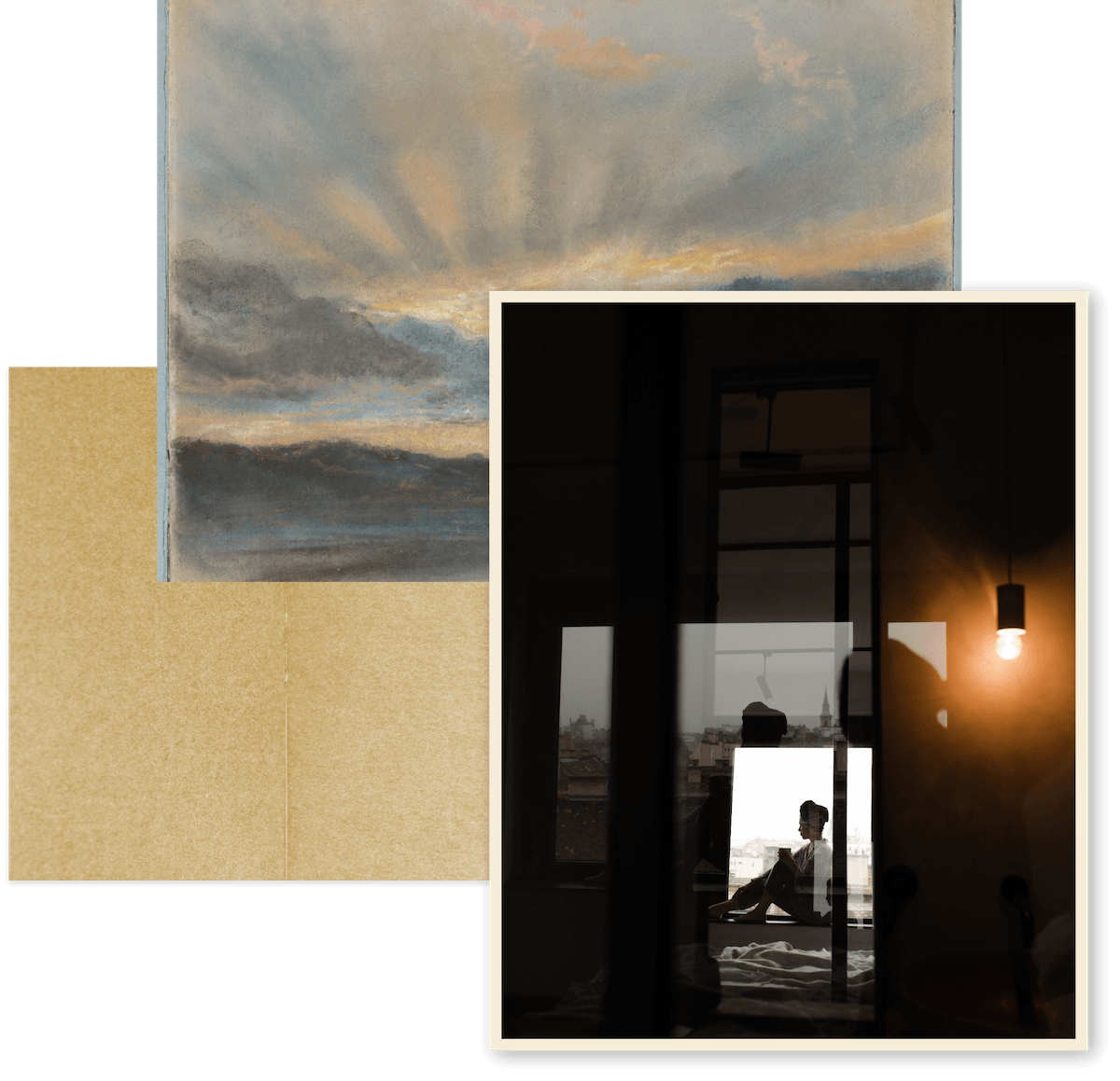 An artistic collage of a cloudy sky painting and a silhouette of a woman sitting by a window at sunset, with an interior scene reflecting city buildings in the background.
