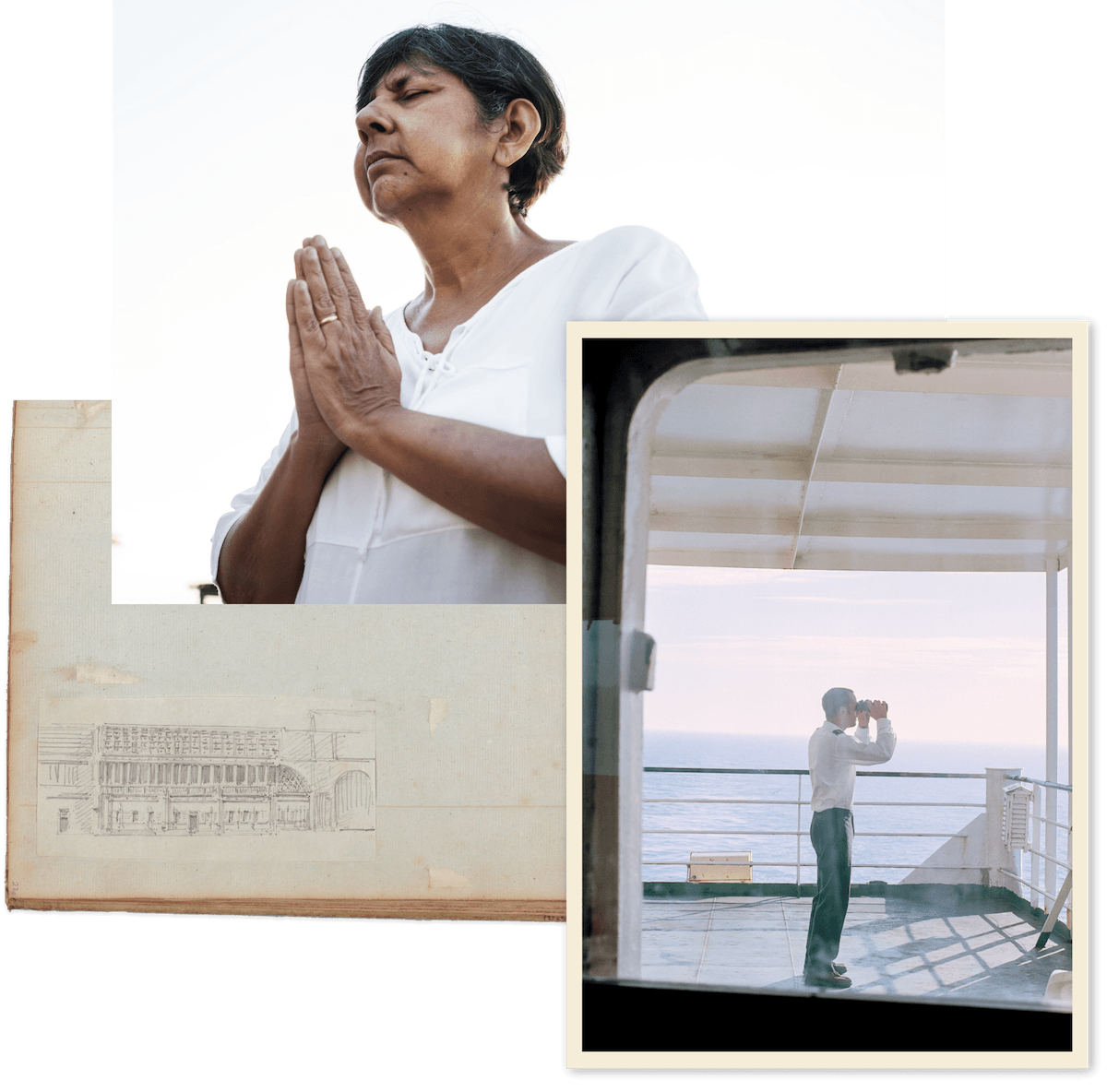 A woman with gray hair and light brown skin wearing a white top praying with hands pressed together and eyes closed, with a man in the background on a deck looking through binoculars, against a clear sky and ocean.