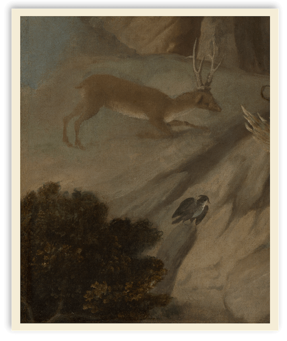 A painting of a mountain landscape with a deer, a bird, and some trees.