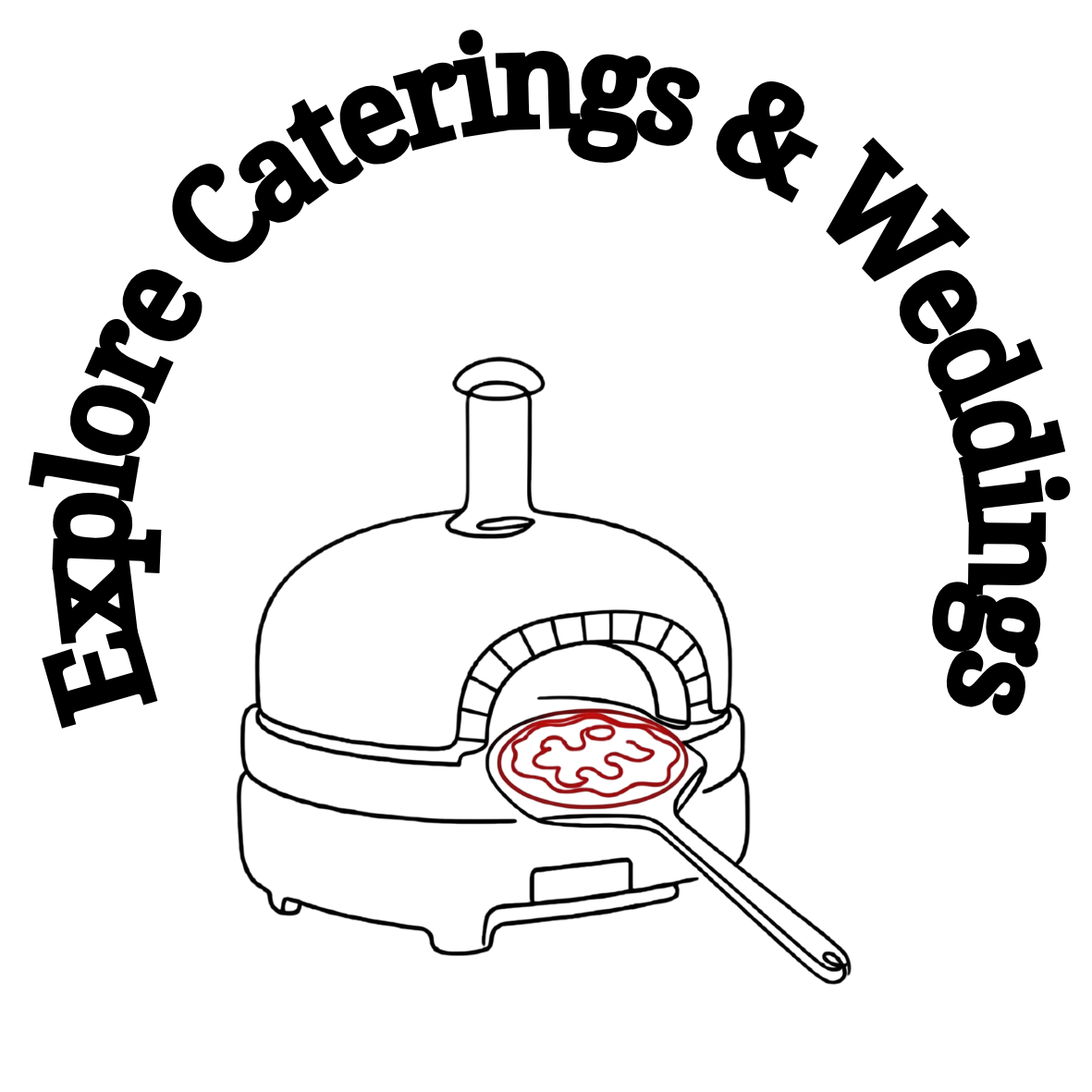 Logo for 'Explore Catering & Weddings' featuring a pizza oven with a pizza being placed inside.
