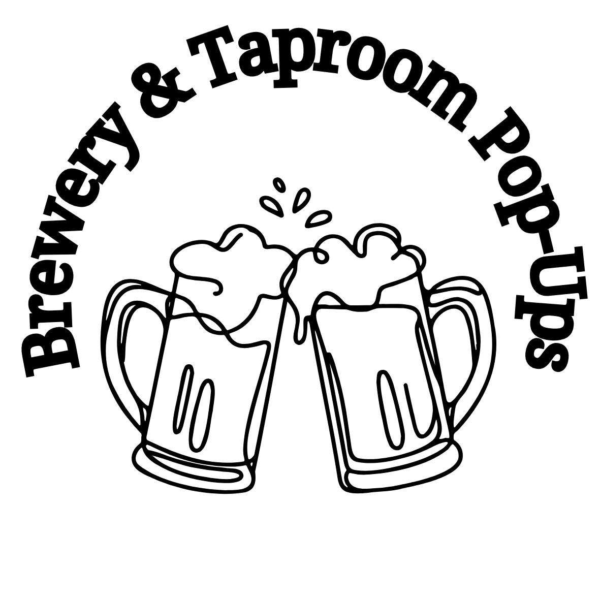 A circular logo with the text 'Brewery & Taphouse Pop-Up' around the top edge. In the center, two illustrated beer mugs clinking together with foam overflowing.