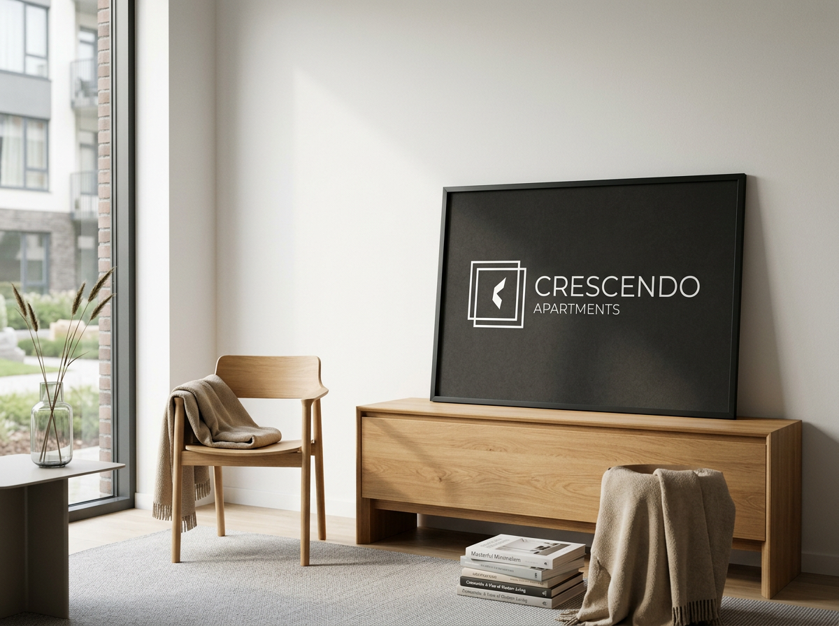 Modern apartment interior with large window, wooden chair with beige blanket, TV on wooden console displaying 'Crescendo Apartments' logo, and a stack of books.
