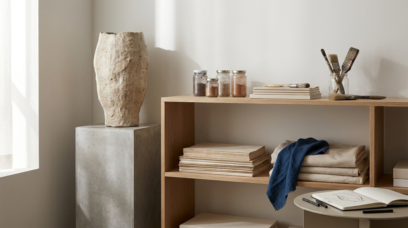 An interior scene with a tall, textured ceramic vase on a concrete pedestal, a wooden shelving unit holding jars of powders, paintbrushes, folded fabric, and stacks of paper, with a window to the left providing natural light.