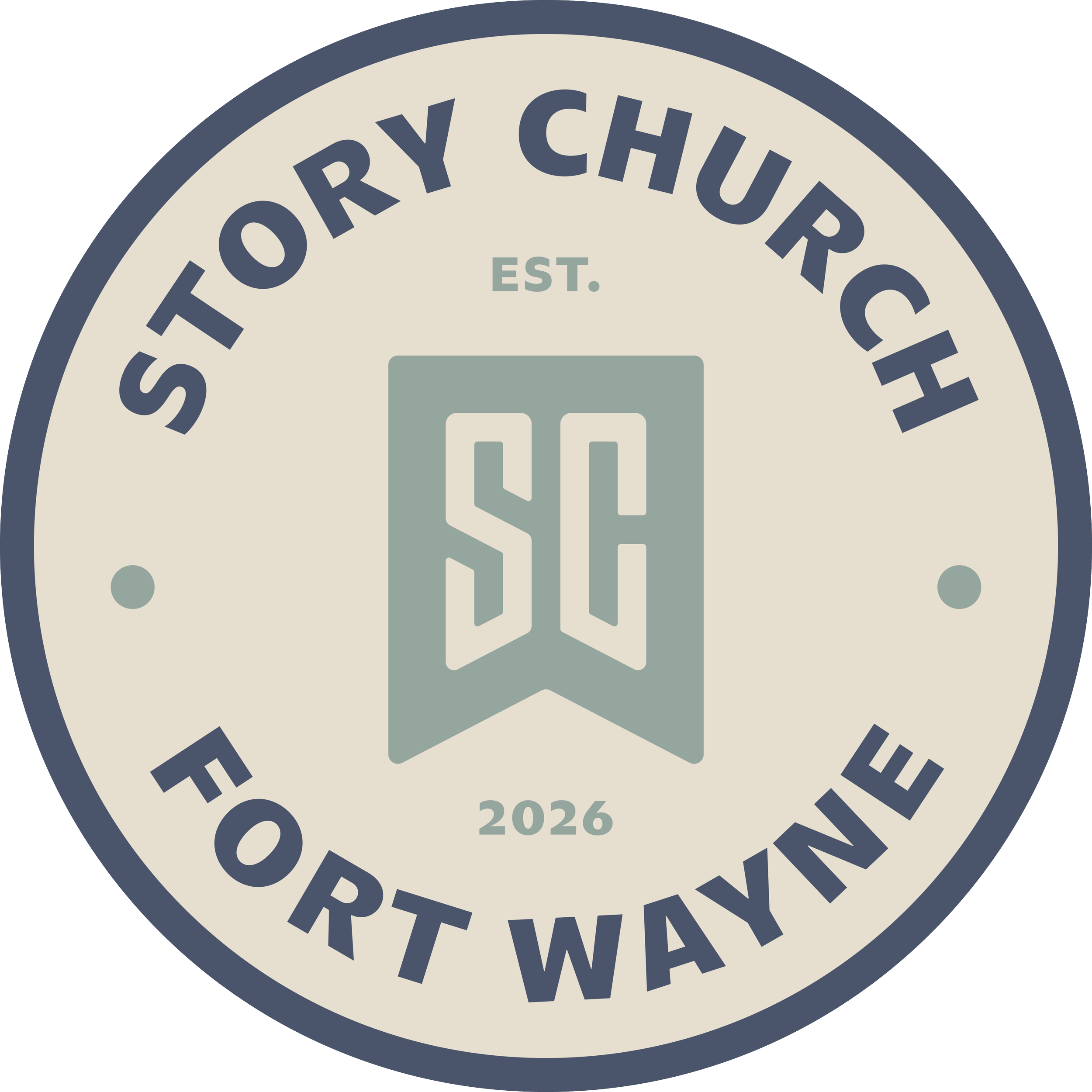 Circular logo with the words 'STORY CHURCH' and 'EST. 2026' around a stylized church illustration in the center.