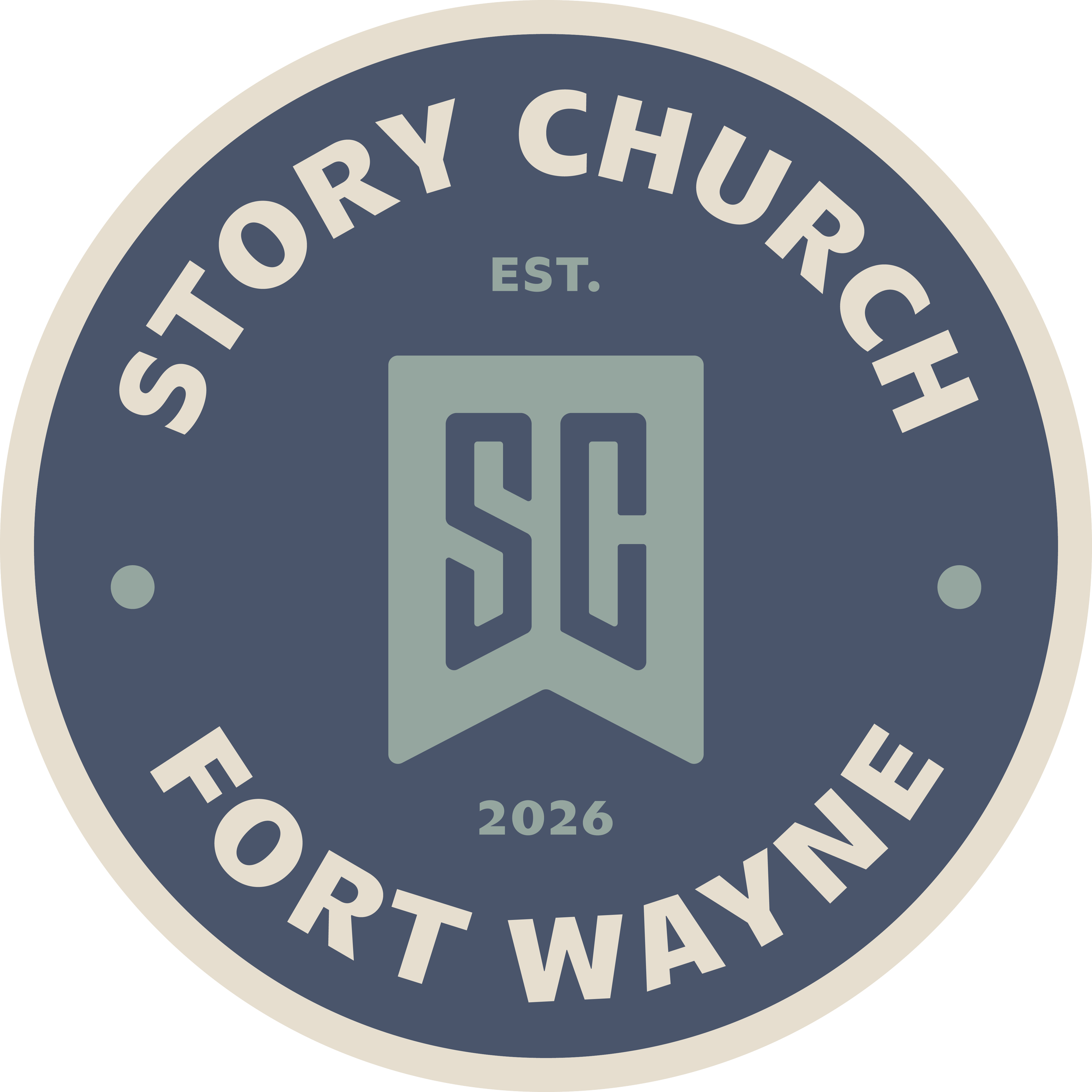 Circular logo with a dark blue background and beige border. Text on the logo reads 'STORY CHURCH EST. 2026' with a stylized book and cloud icon in the center.