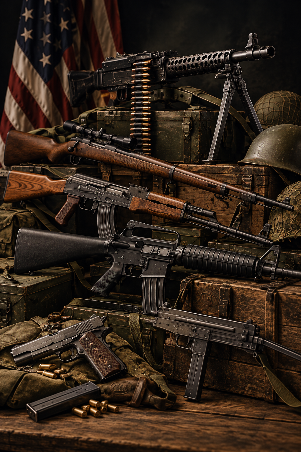 Collection of military weapons including rifles, a machine gun, and ammunition, with military gear and helmets, and American flags in the background.