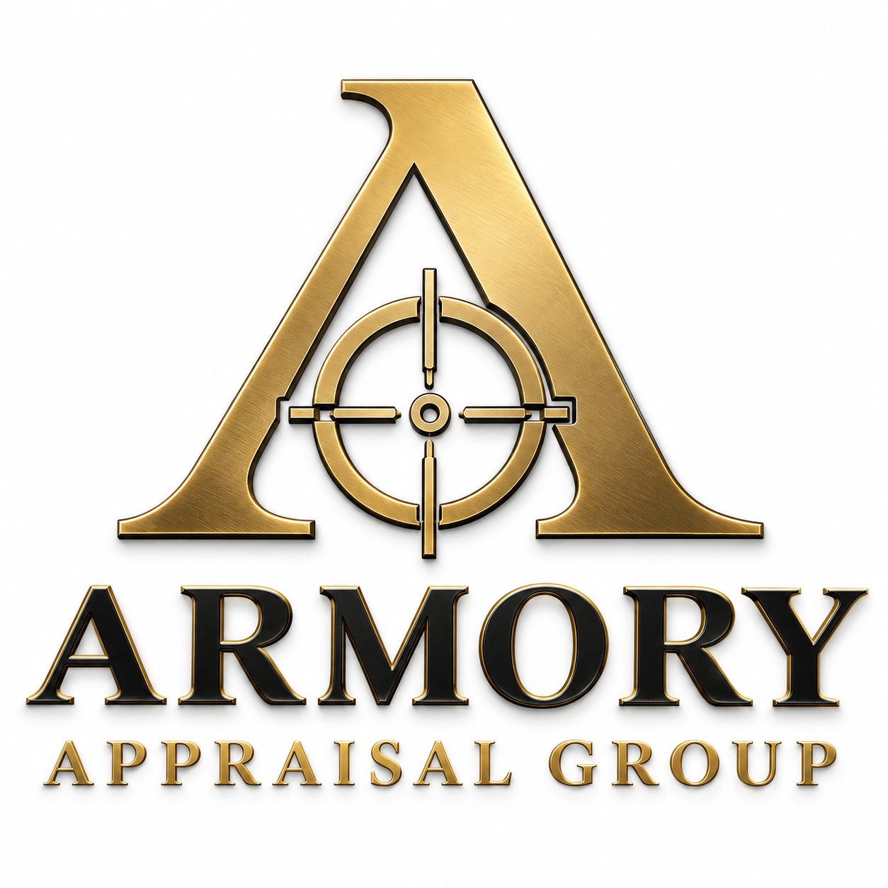 Gold stylized letter A with a crosshair symbol in the center, below it the word ARMORY in black, and the words APPRAISAL GROUP in gold.