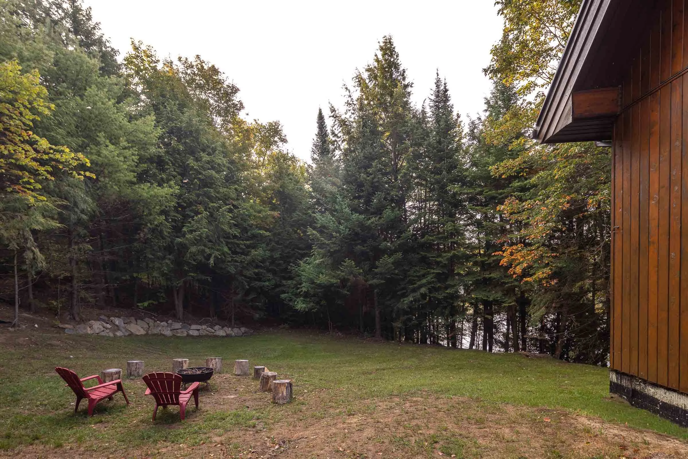 Backyard with two red Adirondack chairs, a fire pit, a line of tree logs, and a dense forest with tall trees in the background.