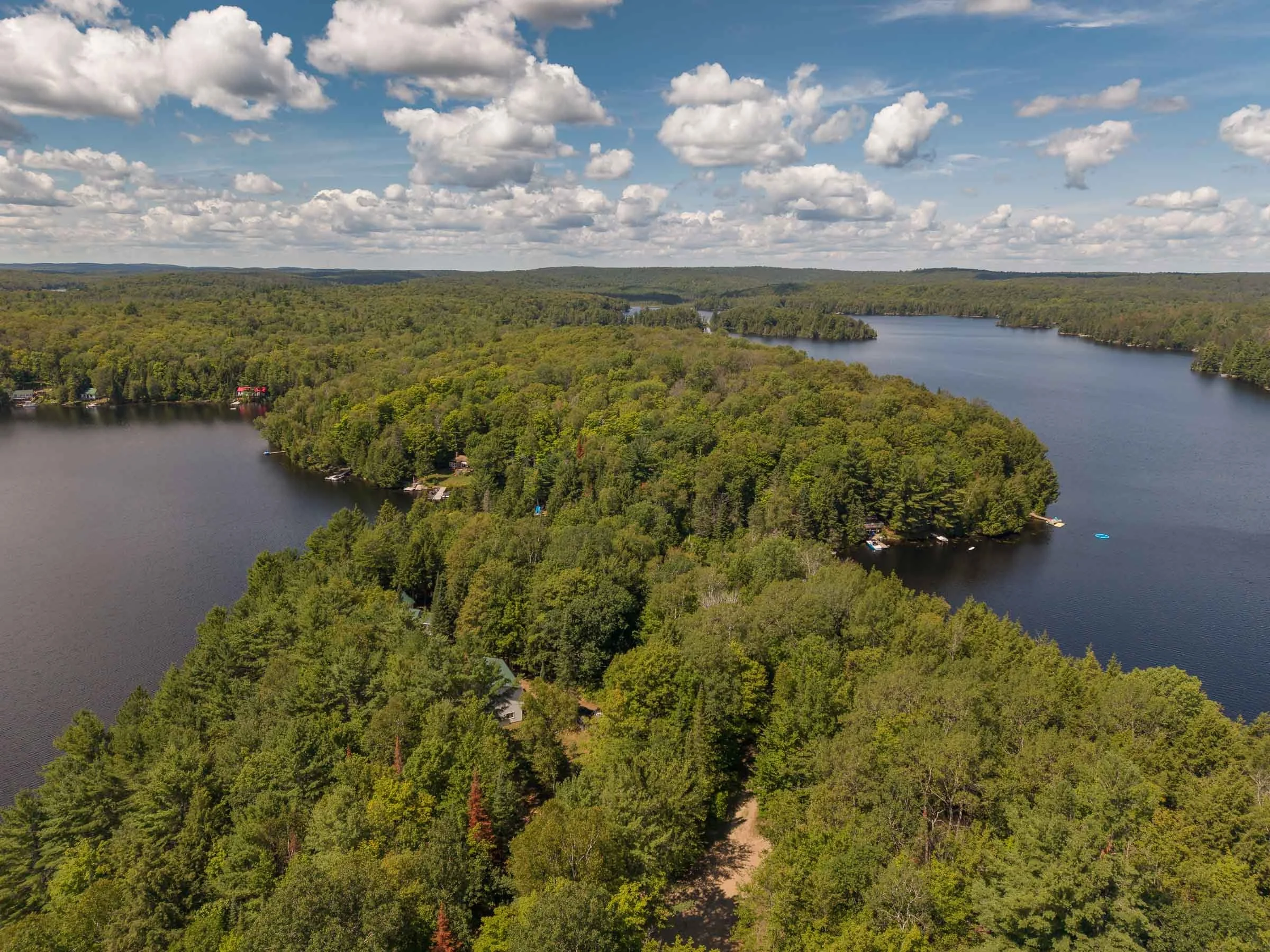 A wide view of a forested landscape with a river winding through it under a partly cloudy sky.