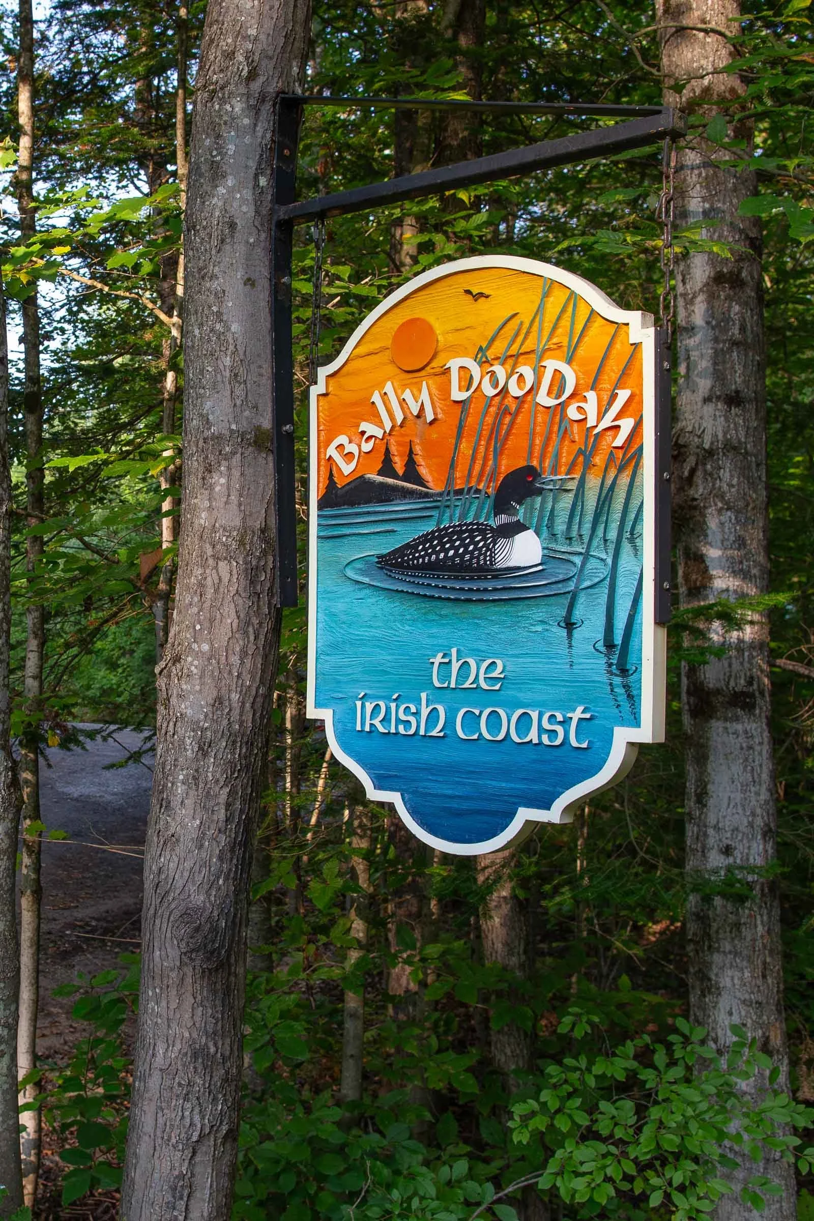 A colorful sign hanging among trees on the Irish coast showing a loon bird swimming in water with mountains and a red sun in the background.