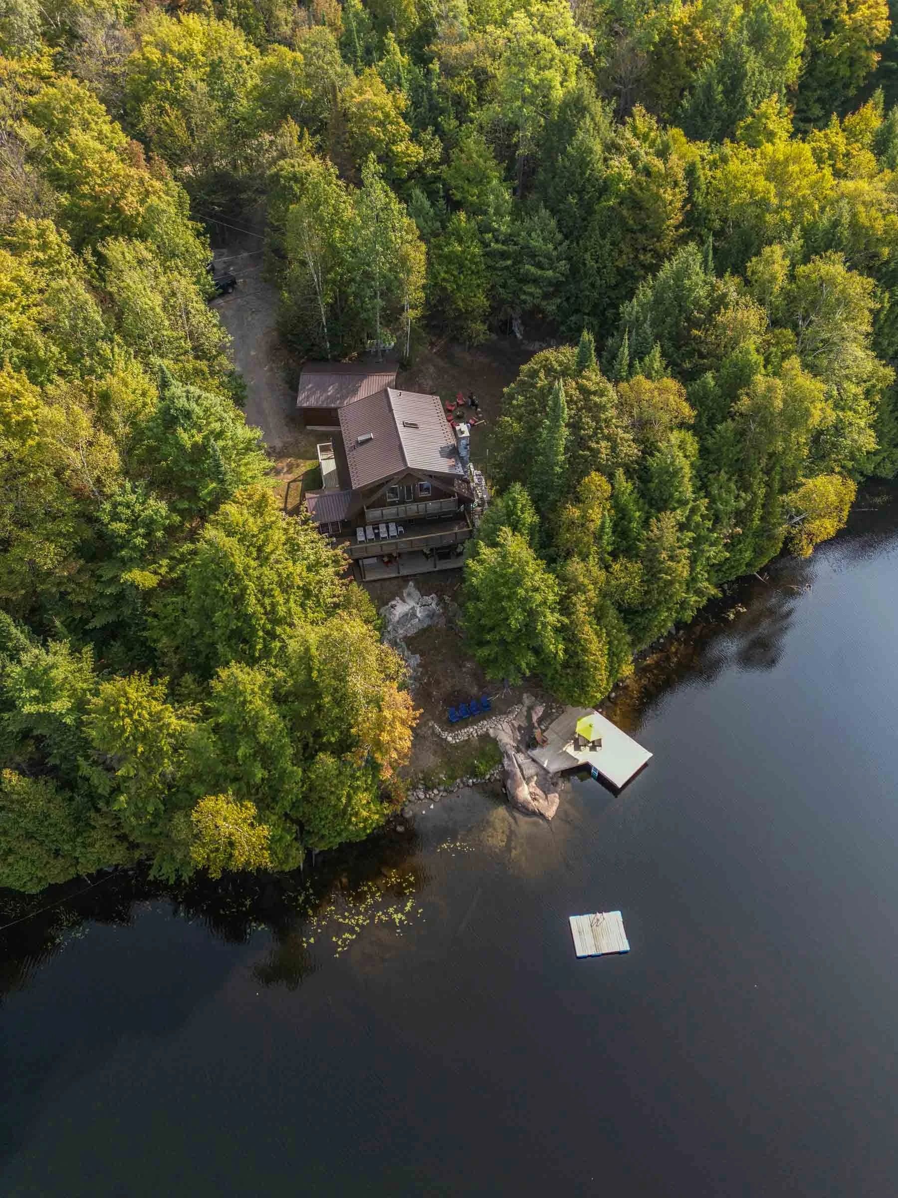 An aerial view of a house surrounded by dense green forest near a body of water, with a dock extending into the water.