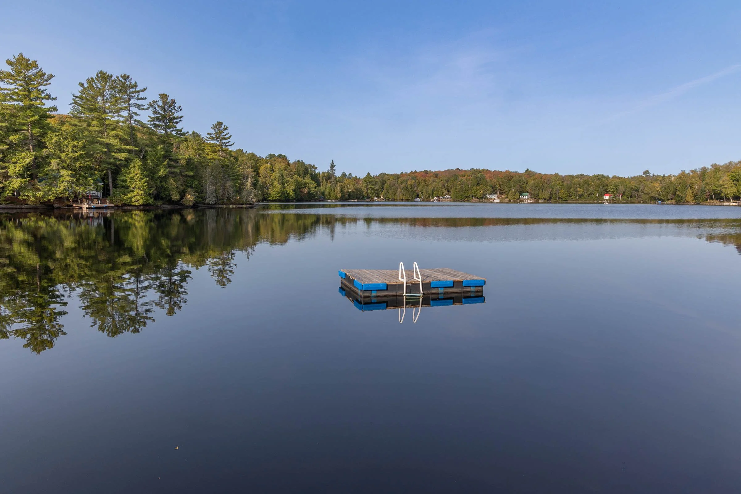 A calm lake reflecting a clear blue sky and trees along the shoreline, with a small floating dock in the foreground.