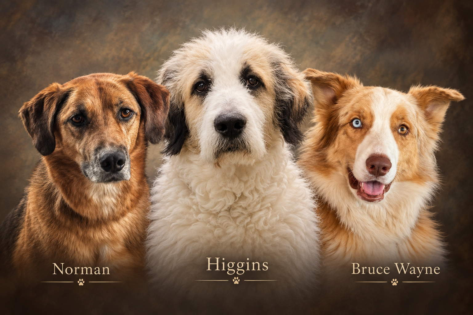 Portrait of three dogs against a dark background, labeled Norman, Higgins, and Bruce Wayne, with their names and paw print icons below each.