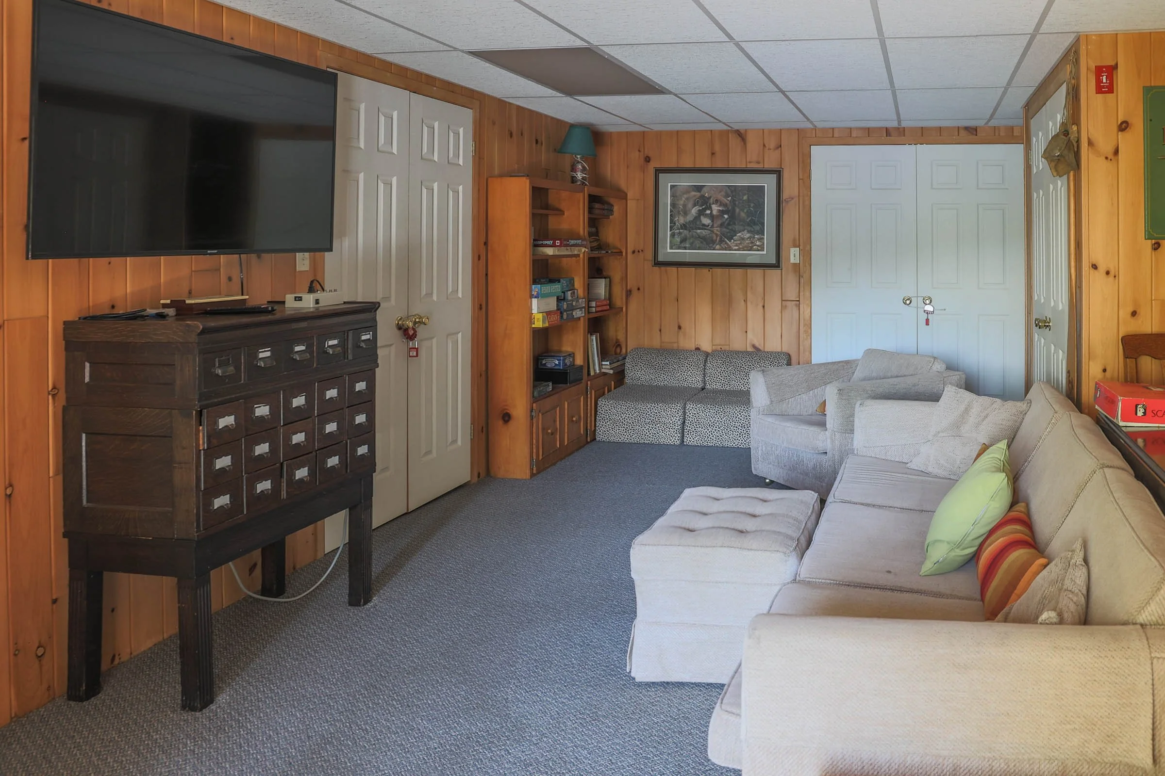 A living room with wood-paneled walls, a large flat-screen TV on a dark wooden cabinet, a white door, a wooden bookshelf with books and a framed picture of a lion, a beige and patterned sofa with colorful pillows, and a carpeted floor.