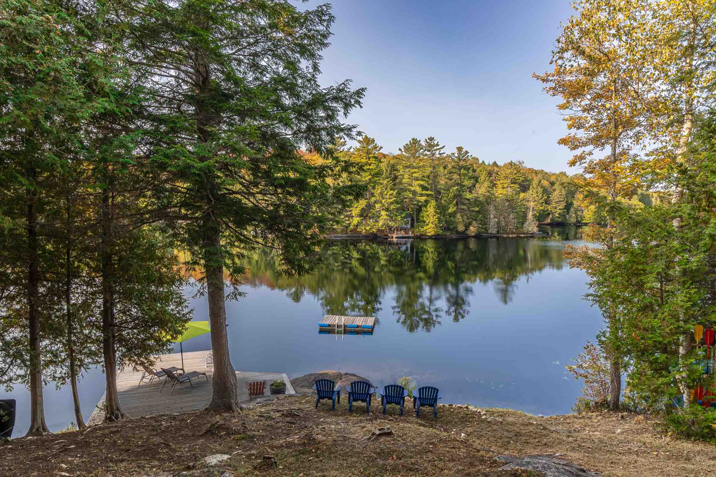 A lakeside scene with trees, a dock, and outdoor chairs facing the water. The sky is clear and the trees reflect in the lake.
