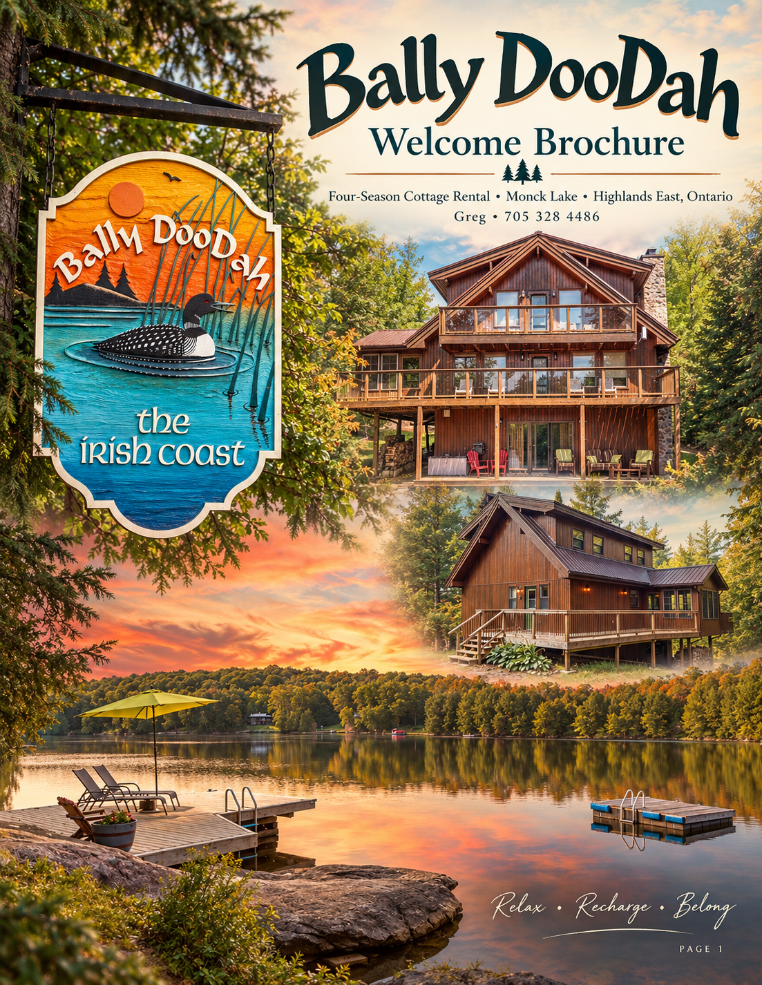 Brochure for Bally DooDah vacation rental featuring images of two wooden cabins on a lake, a sunset over the water, and outdoor furniture including lounge chairs and a dock, with the tagline "Relax, Recharge, Belong" at the bottom.