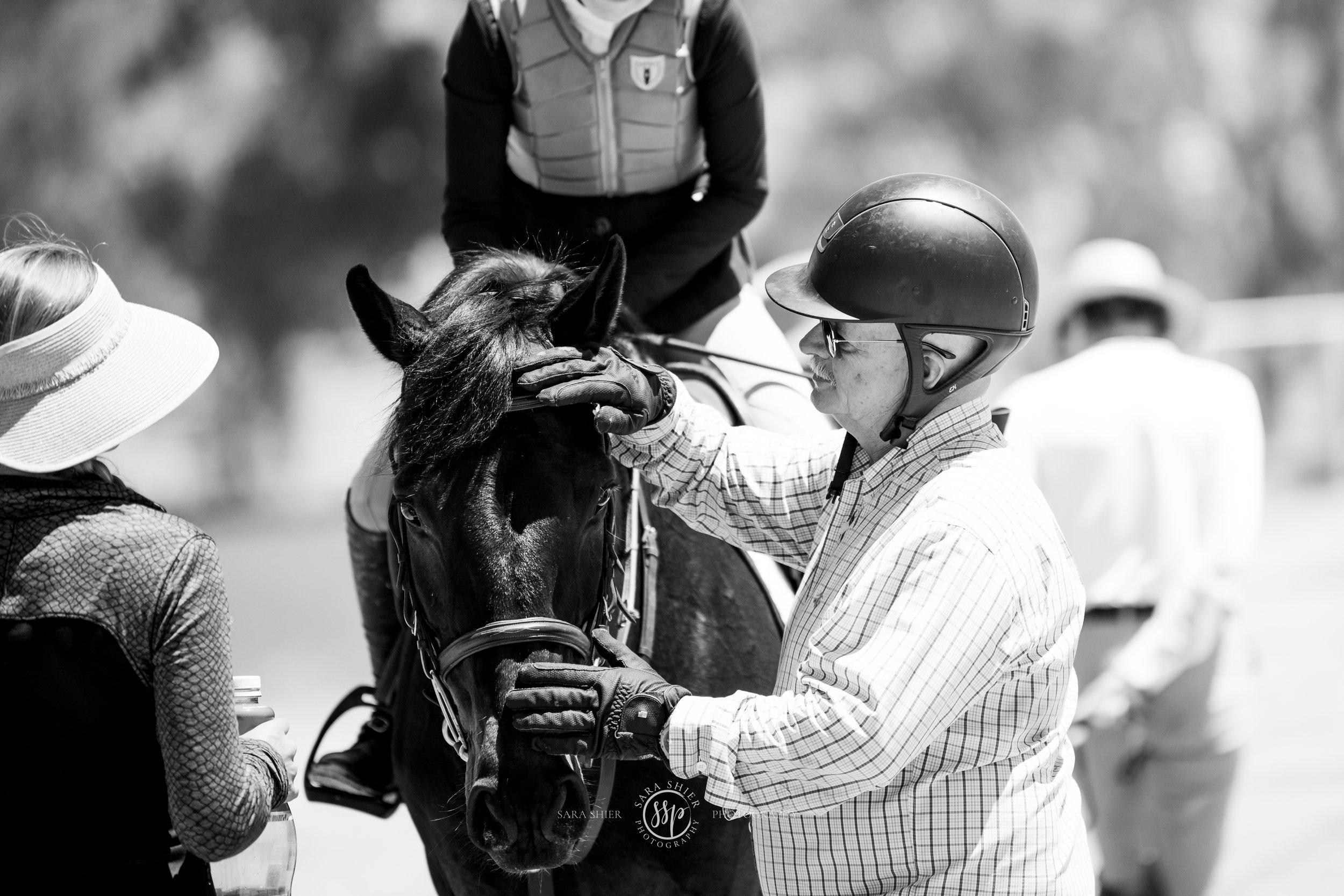 A man in a helmet and glasses is petting a horse, with a woman in a hat standing nearby. The scene appears to be at an outdoor event or horse riding area.