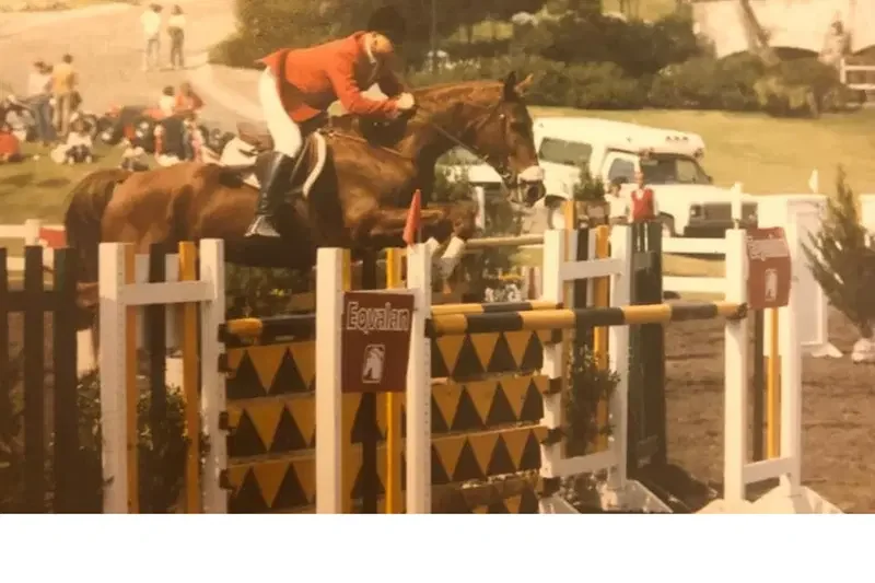 Horse and rider participating in an equestrian show jumping event, clearing a colorful obstacle.