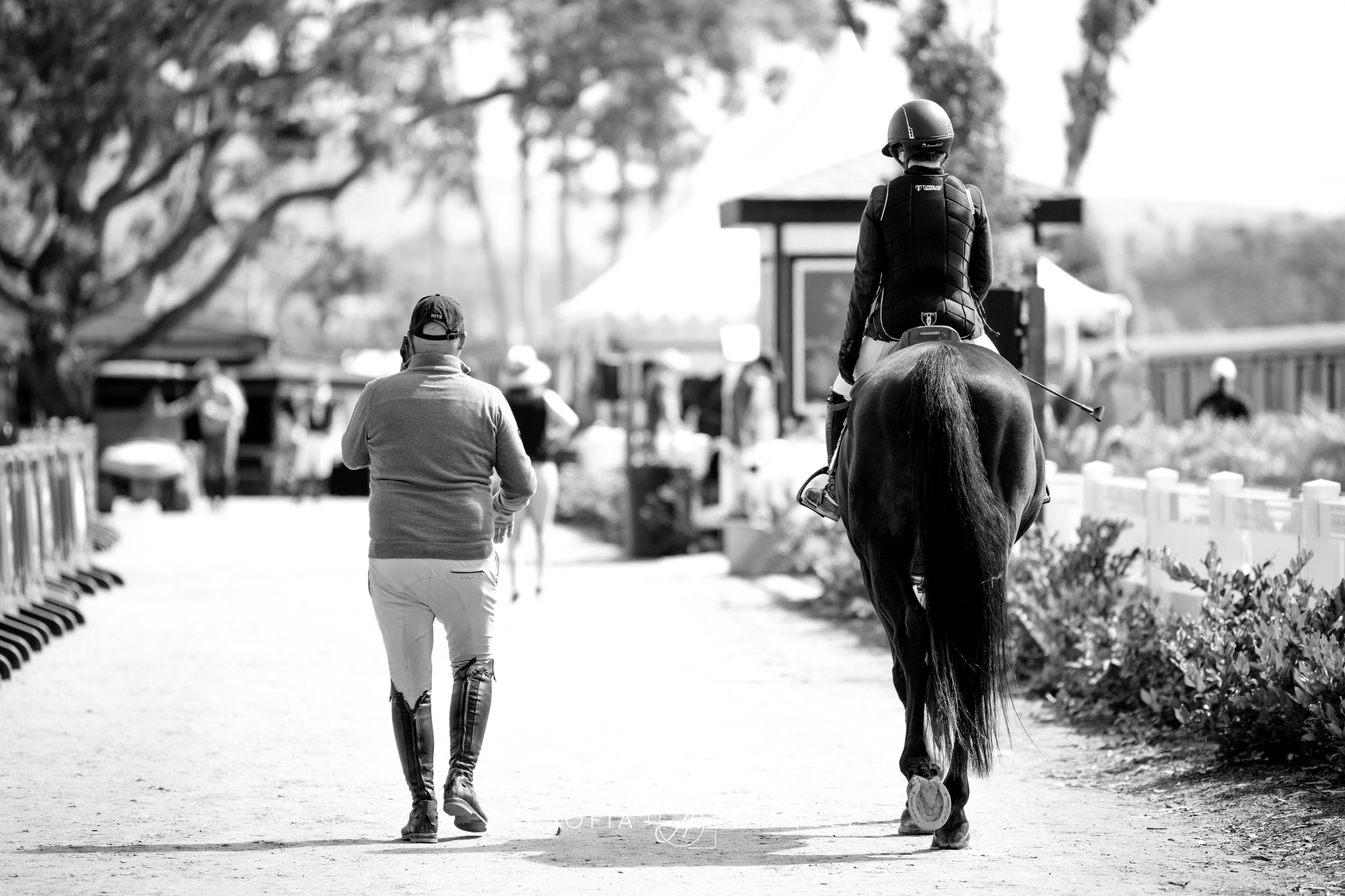 A person riding a horse, wearing a riding helmet and a riding vest, seen from behind, on a sunny day with trees and a tent in the background.