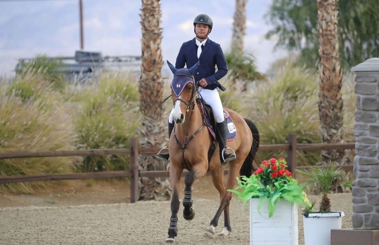 A young man dressed in equestrian riding attire, wearing a helmet, riding a light brown horse with a blue hood, in an outdoor riding arena decorated with palm trees and potted plants.