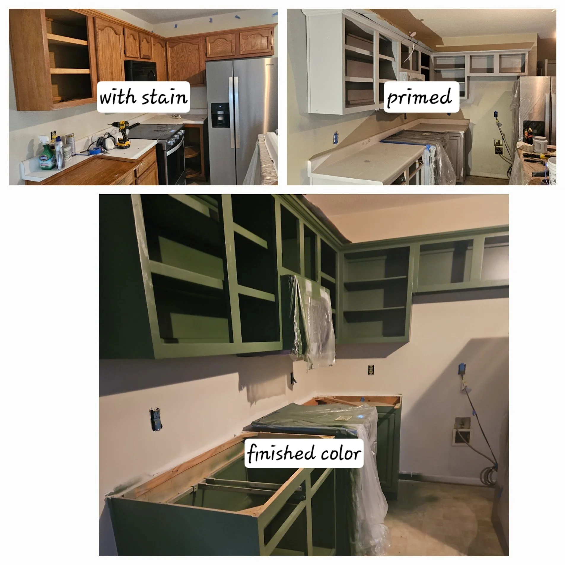 The transformation of Kitchen Cabinets that were painted green in Madison, Alabama.